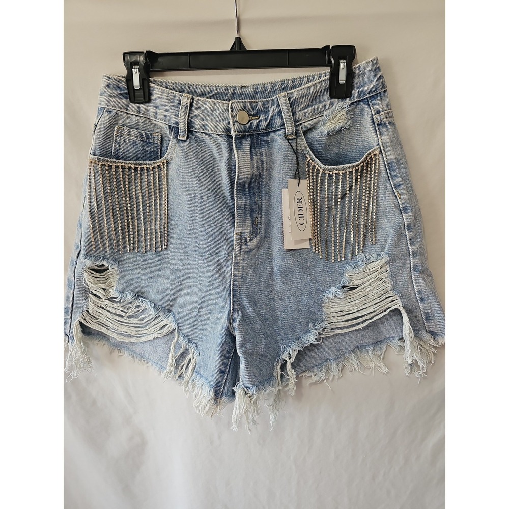 Cider Rhinestone Fringe Pocket Distressed Denim Shorts L Festival Rodeo Boho NWT